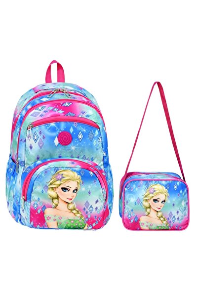 egolika kids Kız Çocuk Mavi Pembe Elsa Desenli Çanta Seti