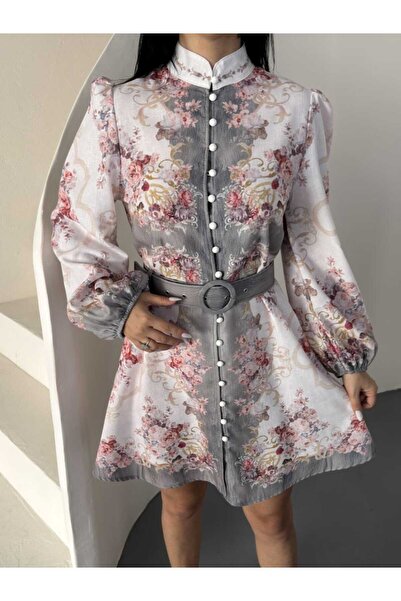 NEW JOURNAL Women's Gray Pera Linen Mandarin Collar Belted Midi Dress Jen26103