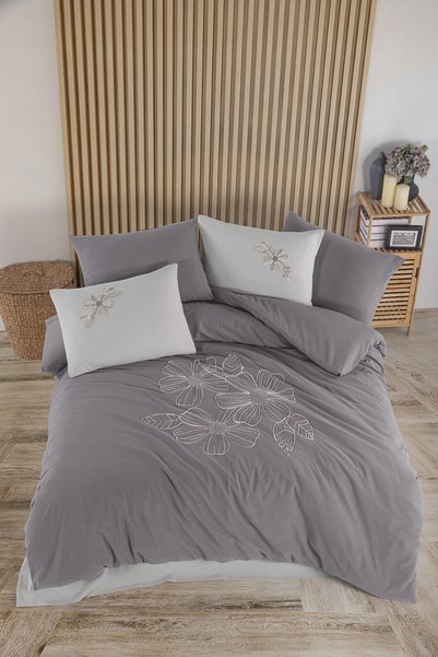 Marka Newhome Diamond Lotus Anthracite Luxury Embroidered 100% Cotton Double ...
