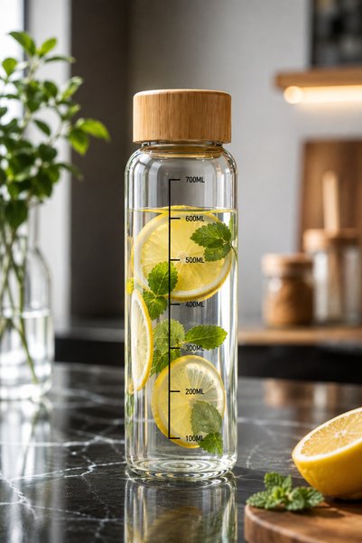 Ercazzo Glass Flask with Bamboo Lid, Vacuum Lid, Leak-Proof Glass Water Bottle, Beverage Soft Drink Bottle, Daily Use Water Bottle, 700 ml