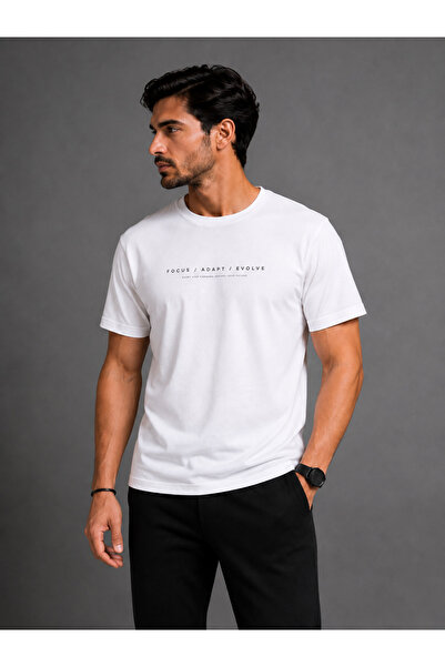 Focus Adapt Evolve Baskılı Beyaz Erkek T-Shirt