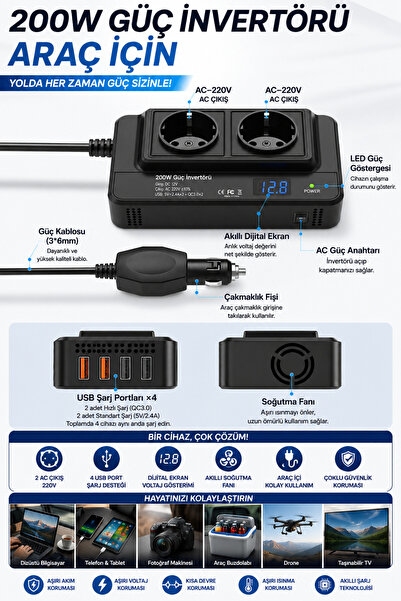 pazariz 200W Araç Güç İnvertörü 12V-220V Dönüştürücü, 2 Priz 4 USB, Dijital Ekran, Soğutma Fanı, Çakmaklık Girişli, Hızlı Şarj ve Güvenli Koruma, Telefon Laptop İçin Taşınabilir İnverter