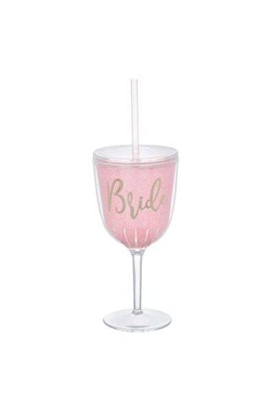 OEM Pahar din Plastic pentru Vin Roz cu Pai Folie Aurie "Bride" - 400ml