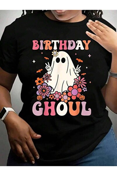 2BIR Happy Birthday Ghoul Retro Hippie Ghost Floral Halloween Black Graphic T...