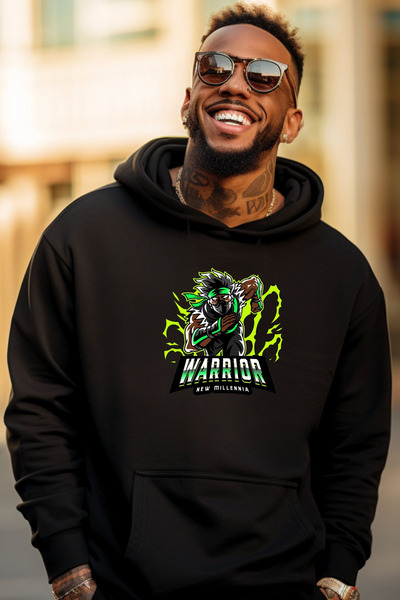 ZAVIXO Men's Black Ninja Warrior Printed Hooded Sweatshirt Oversized Streetwe...