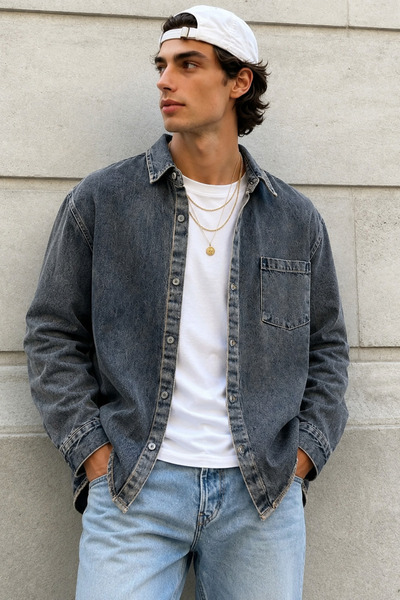 Tarz Cool Men's Regular Denim Shirt – Washable Denim Long Sleeve Jean Shirt w...