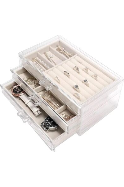 Generic Brand HOOTO Clear Acrylic Jewelry Organizer Box with 3 Drawers, Stack...