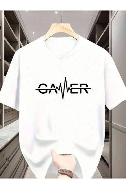 23ERVA Gamer Design Men's T-Shirt, Black White Letter Print, Casual Short Sle...