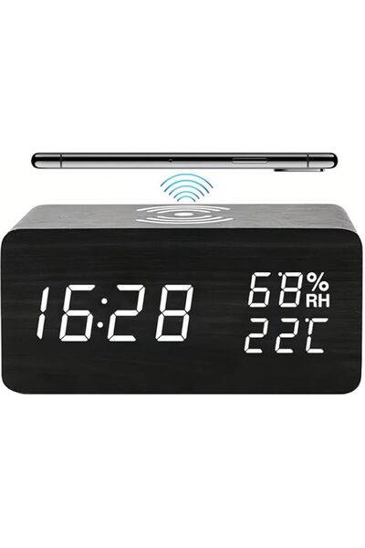 Generic Brand Black Wooden Digital Alarm ，Clock with LED Wireless Charging Te...