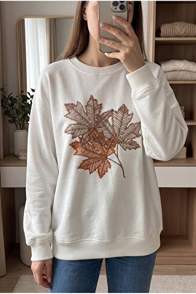 FEMELLE White 100% Cotton Bead Embroidered Sweatshirt with Leaf Pattern