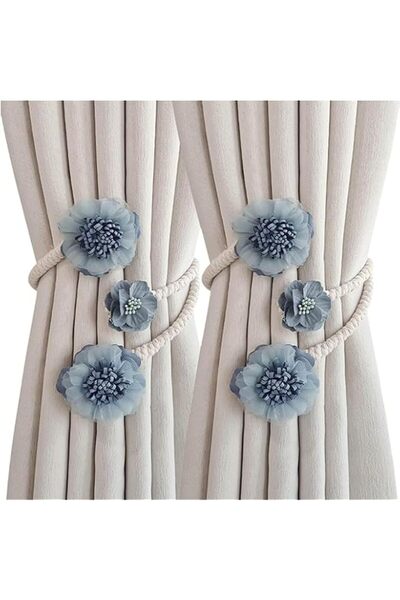 Generic Tazweeq 2 Pcs Rose Curtain Tiebacks Clips, Blue 3 Flowers Boho Artifi...