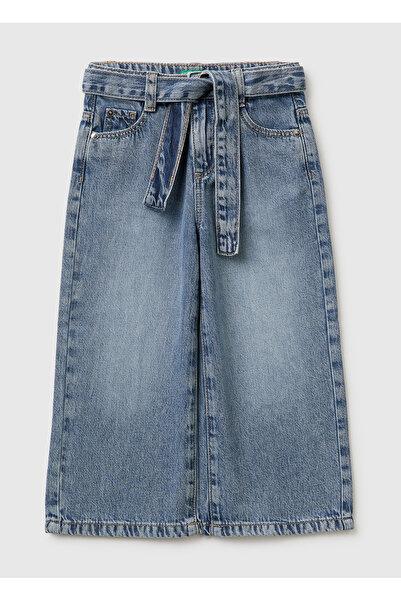United Colors of Benetton Girl's Light Denim Wide Leg Denim Buttoned Belted T...