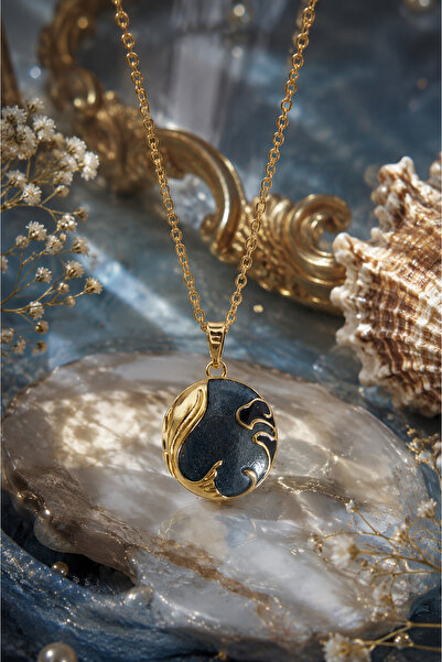 Sylvera Shop Ocean Secret Wave Pattern Covered Medallion Steel Necklace (Gold...