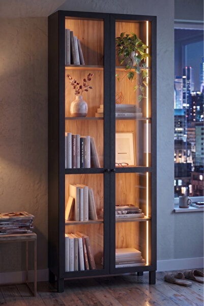 Robin Home Prime Temperli Cam Kapaklı Neon Led Işıklı Vitrin Büfe Kitaplık Ah...