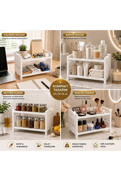 QesQin 2 Katlı Düzenleyici Raf Organizer Mutfak Banyo Makyaj Çalışma Masası Rafı