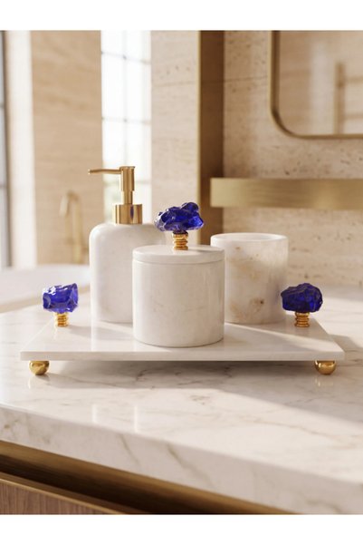 Derya Home Beyaz Gerçek Mermer 4’lü Banyo Seti Kobalt Mavi Cam Gold Detaylı Lüks Banyo Aksesuar Seti