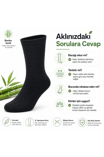 Genel Markalar Bambu Çorabı Lastiksiz Dikişsiz Burun Siyah Uzun Konç Hassas Ayaklar İçin