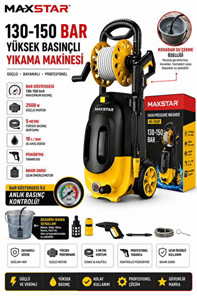 130-150 Bar 3000W Yüksek Basınçlı Oto Yıkama Makinesi Kovadan Su Çekme Bar Göstergeli Bakır Sargı