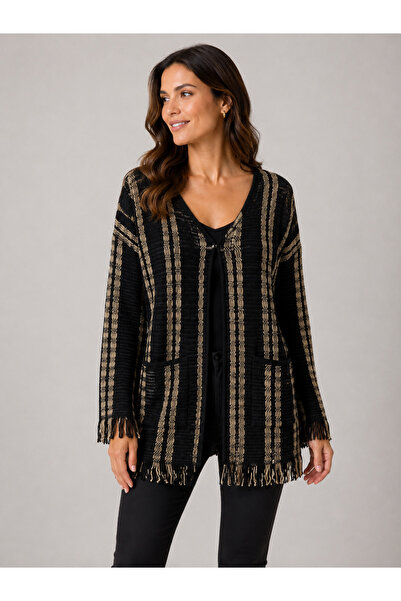Neden Tekstil Cardigan cu curea, tricotat, cu dungi, negru și bej, pentru femei