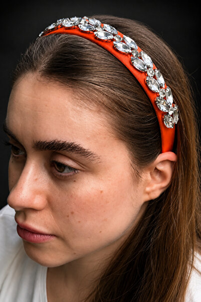 ByMerve Bym Orange Satin 4 cm Full Baguette Stone Thick Women's Hair Crown Ev...