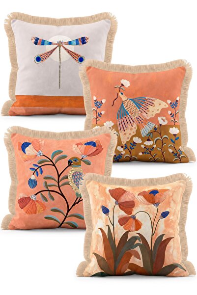 IdeCraft Bohemian Bird, Dragonfly and Flower Patterned Orange 4-Piece Fringed...