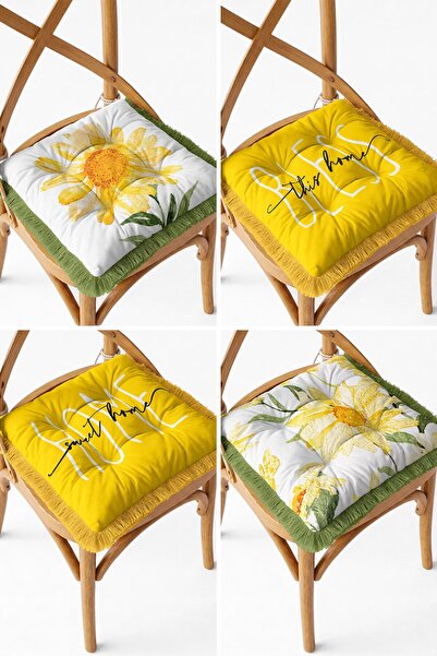IdeCraft Yellow Daisy Home Sweet Home Themed Fringed 4-Piece Puffy Chair Cush...