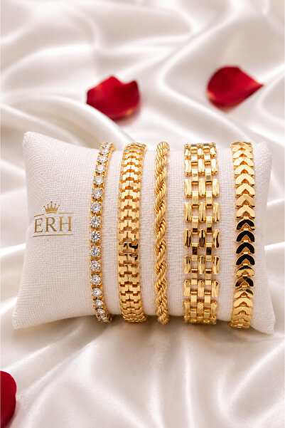 ERH 5-Piece Gold Color Steel Bracelet Set for Women and Men, Stylish Chain St...