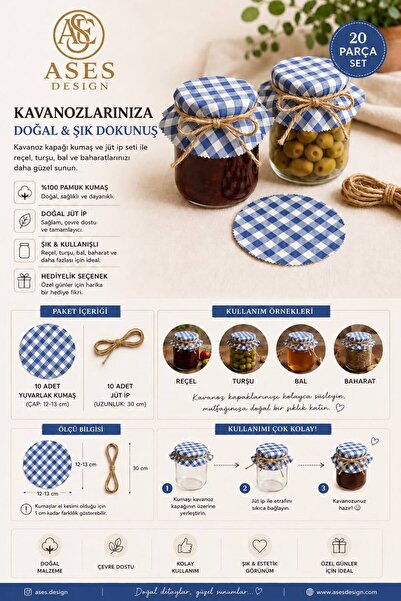Ases Design Blue Burlap Jar Lid Decoration Set 20 Pieces – 10 Fabrics 10 Jute...