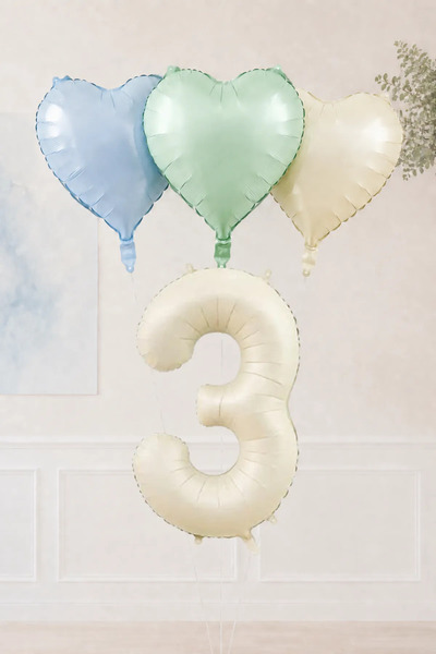 Atölye Mi 3 Yaş Retro Mavi Yeşil Krem Kalpli Folyo Balon Seti 44 3 Yaş