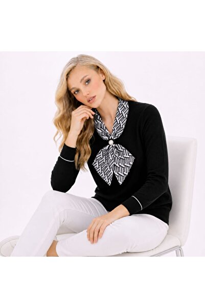 ZERELLE COLLECTİON Women's Black Knitwear Sweater with Scarf Collar Patterned Detail Long Sleeve Stylish Sweater