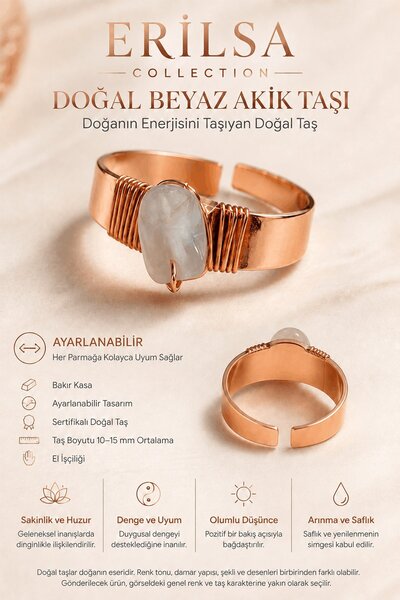 Erilsa Certified White Agate Stone Copper Case Adjustable Handmade Natural St...