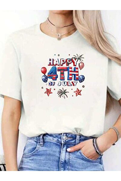 k222 Women's Crew Neck Tee, Firework & Balloon Print, Washable Top 4th Of Jul...