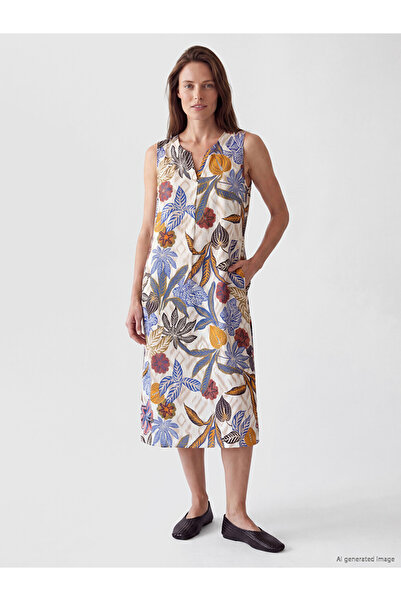 LC Waikiki Rochie florală din amestec de in cu decolteu crestat