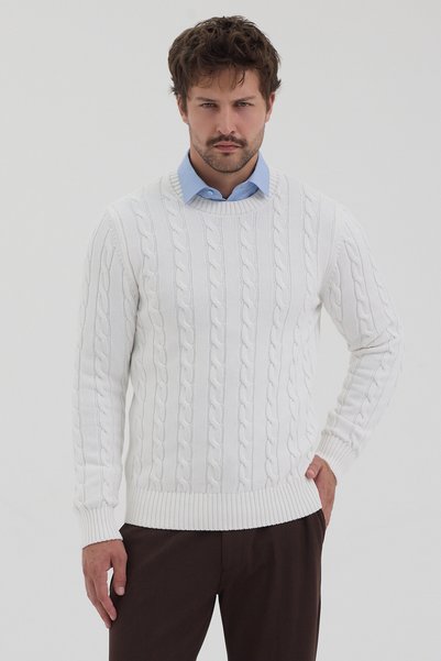 Frappoli Pales Erkek Off White Saç Örgülü 100% Pamuklu Bisiklet Yaka Kazak