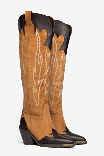 DENORA Tan Matte Suede Embroidery Detail Knee-High Western Cowboy Boots