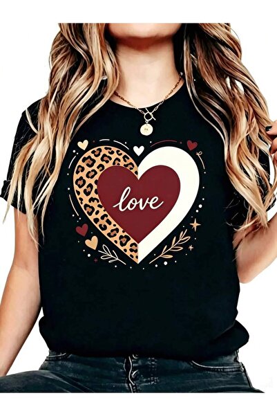 9JY Casual Leopard Heart Love Print Women's T-Shirt Summer Valentine Gift For...