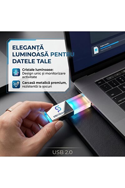 SpectrumPoint Stick USB / Memorie USB SpectrumPoint, capacitate 128 GB, USB 2.0, OTG, compatibil cu Laptop / PC / Telefon mobil / Tabletă, carcasă metalică cu cristale luminoase, Argintiu