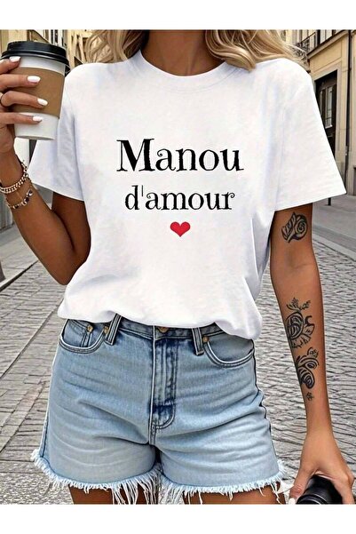 NOURAM Oversized French My Dearest Manou Letter Print Women'S-Shirt, Short Sl...