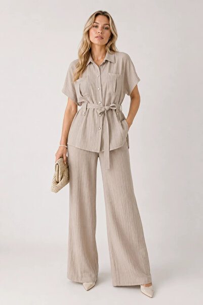 bysoca Women's Cream Stone Buttoned Double Suit Linen Belted Wide Leg Pants a...