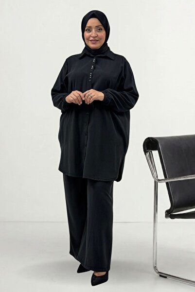 Eslina 68084 Plus Size Stone Detailed Cupra Shirt with Elastic Sleeves - Black