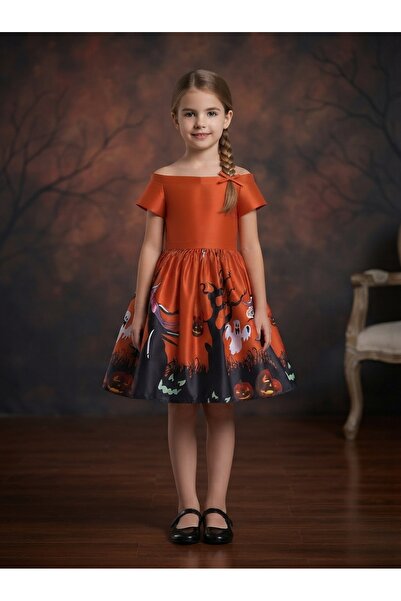 ddaniela Girls Halloween Printed Costume Dress – Orange & Black Witch Party D...