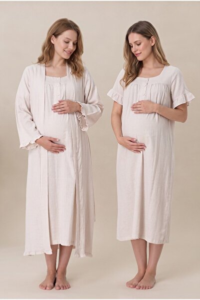 Pelin Women's Cream Muslin Cotton Fabric Short Sleeve Buttoned Maternity Nigh...