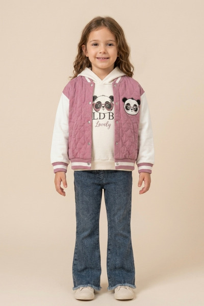 zumino Girl's Panda Printed College Jacket Sweatshirt 3-Piece Jean Set