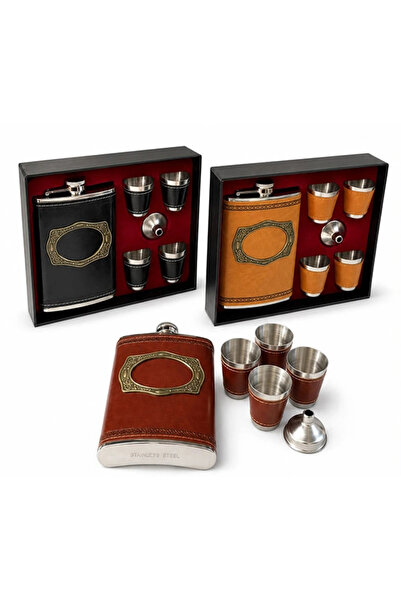 Livenda 4 Shot Flask with Leather Cover and Glass Cup 9 oz (266 ml) Alk34