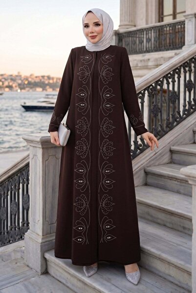 hafsamina Boncuk Taşlı Büyük Beden Anne Elbisesi Kahverengi HM2952