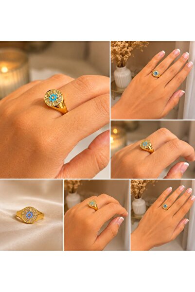 MARE BUTİK Gold Turquoise Star Detailed Stone Ring
