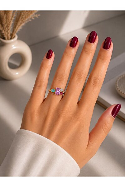 MARE BUTİK Colorful Baguette and Zircon Stone Steel Ring – Gold