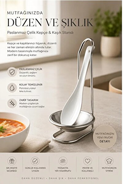 Kitchen Beauty Paslanmaz Çelik Kepçe ve Kaşık Standı – Mutfak Tezgahı İçin Ocak Yanı Kepçe & Kaşık Tutucu (1 Adet)