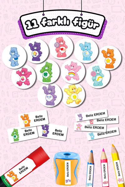 Sticker Ekspres Okul Etiketi Care Bears Ayıcık Kalem Defter Etiketi Özel İsim Yazılabilen Etiket 245 Adet İsim Etiketi