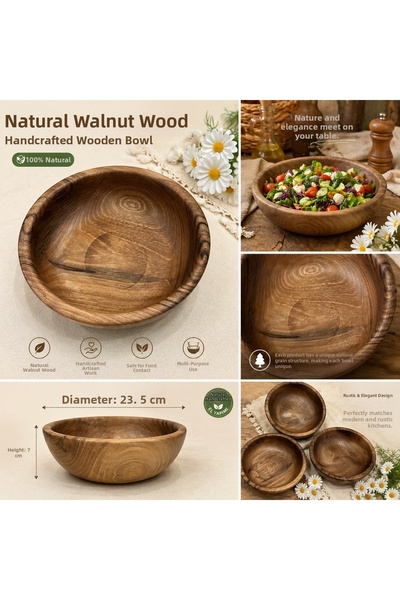 Carveni Natural Walnut Wood Bowl – Handmade Salad & Presentation Bowl